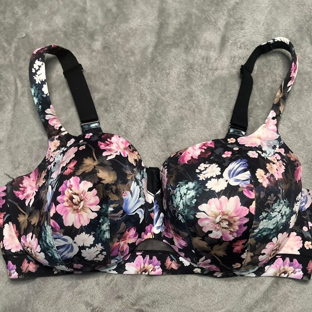 Cacique Lightly Lined Balconette Bra 44DD Black Floral Underwire Lace